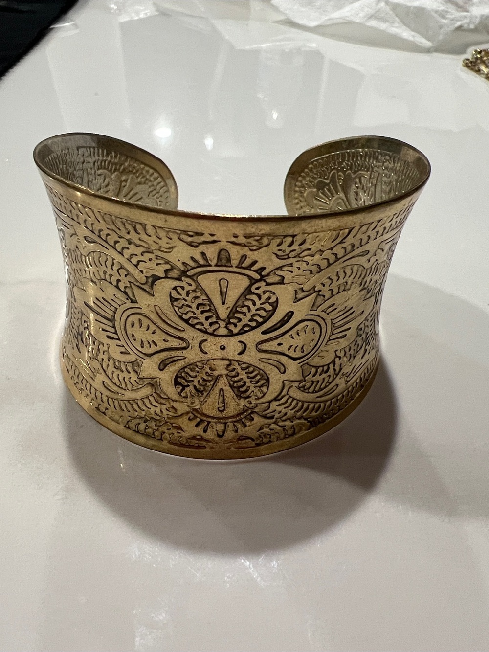 F#8-Engraved Wide Gold-Tone Cuff Bracelet